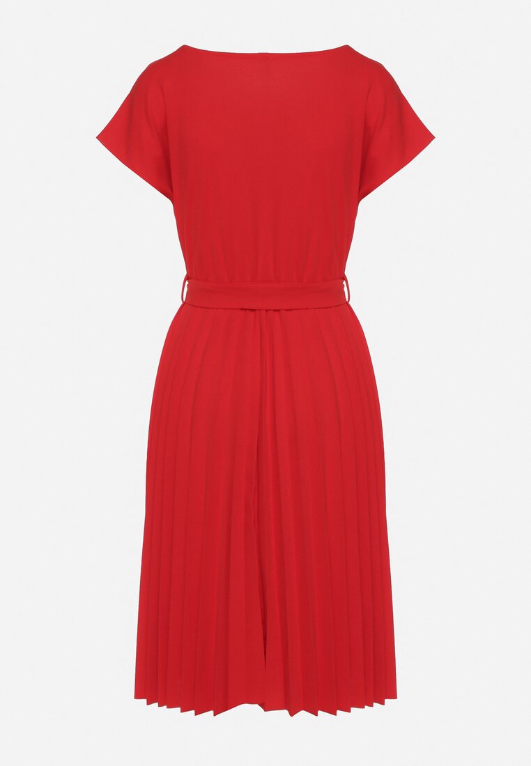 Czerwona Koktajlowa Sukienka z Krótkim Rękawem i Gumką w Talii z Materiałowym Paskiem Javia