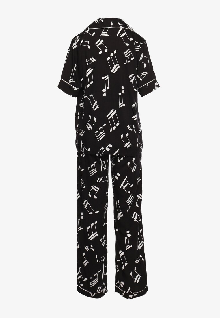 Czarny Komplet Piżamowy w Print z Wiskozy Spodnie z Gumką w Talii i Koszulowa Góra Adispro