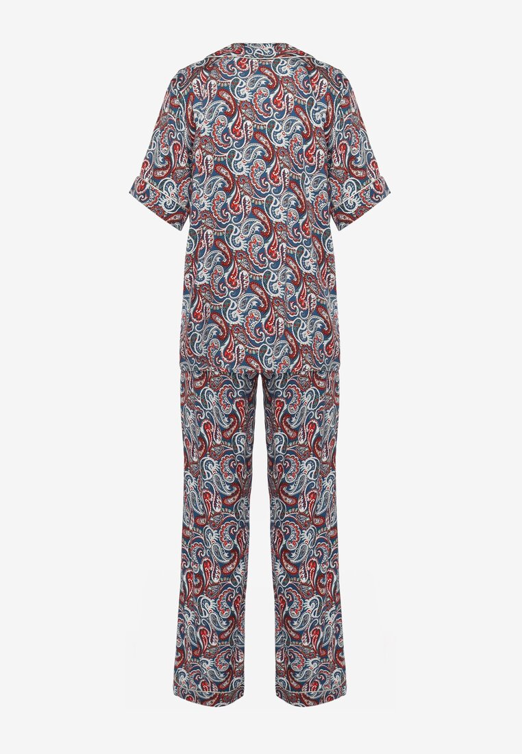 Niebiesko-Czerwony Komplet Piżamowy w Print z Wiskozy Spodnie z Gumką w Talii i Koszulowa Góra Adispro