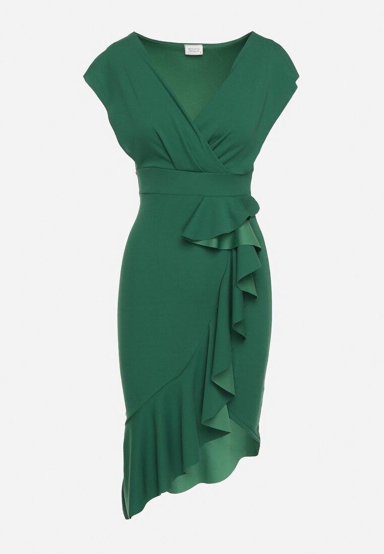 Zielona Sukienka o Kopertowym Kroju z Falbankami i Trójkątnym Dekoltem Tanilla