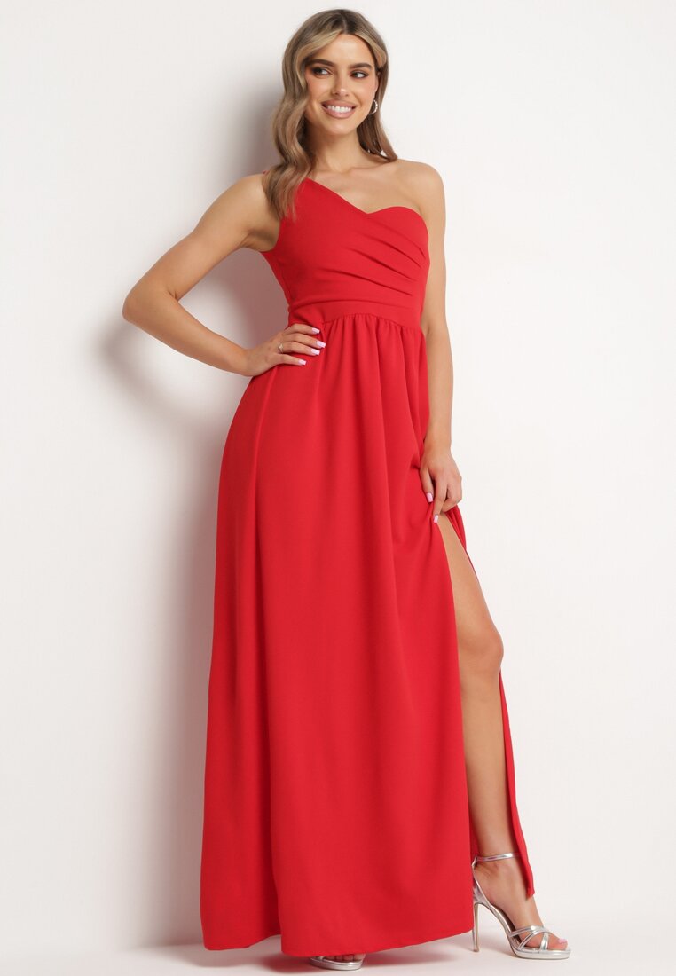 Czerwona Elegancka Rozkloszowana Sukienka na Jedno Ramię Wistlia