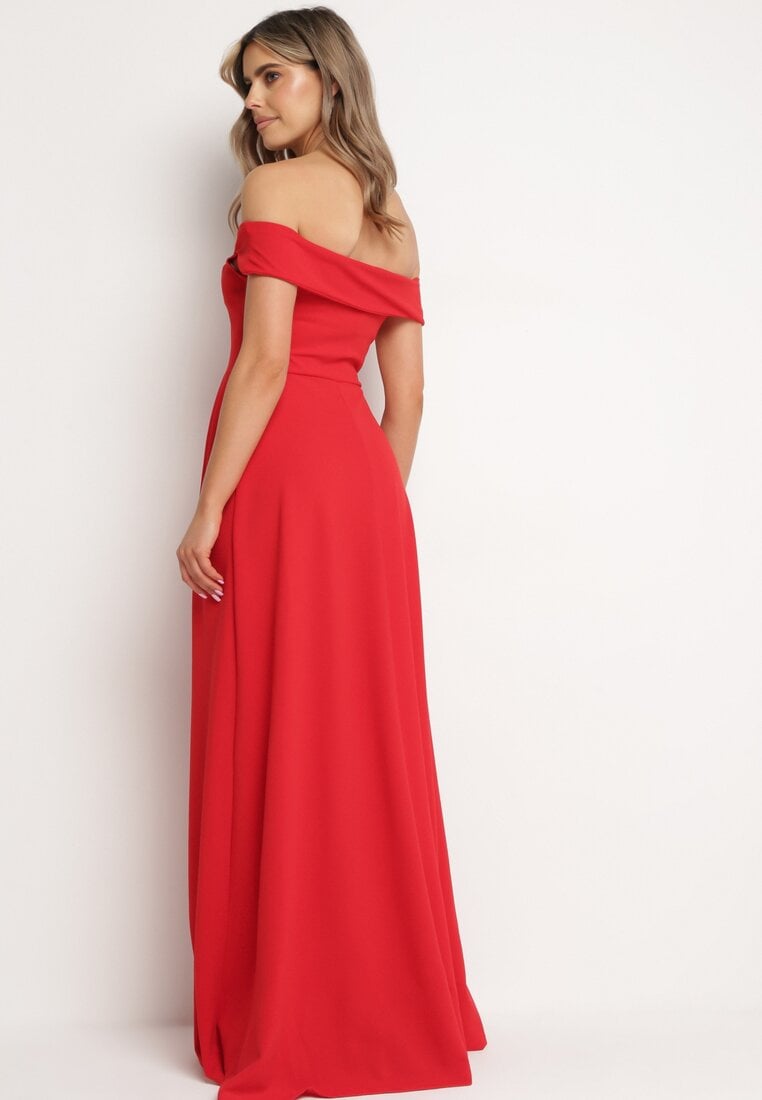 Czerwona Koktajlowa Rozkloszowana Sukienka z Hiszpańskim Dekoltem i Rozcięciem na Nogę Gralia
