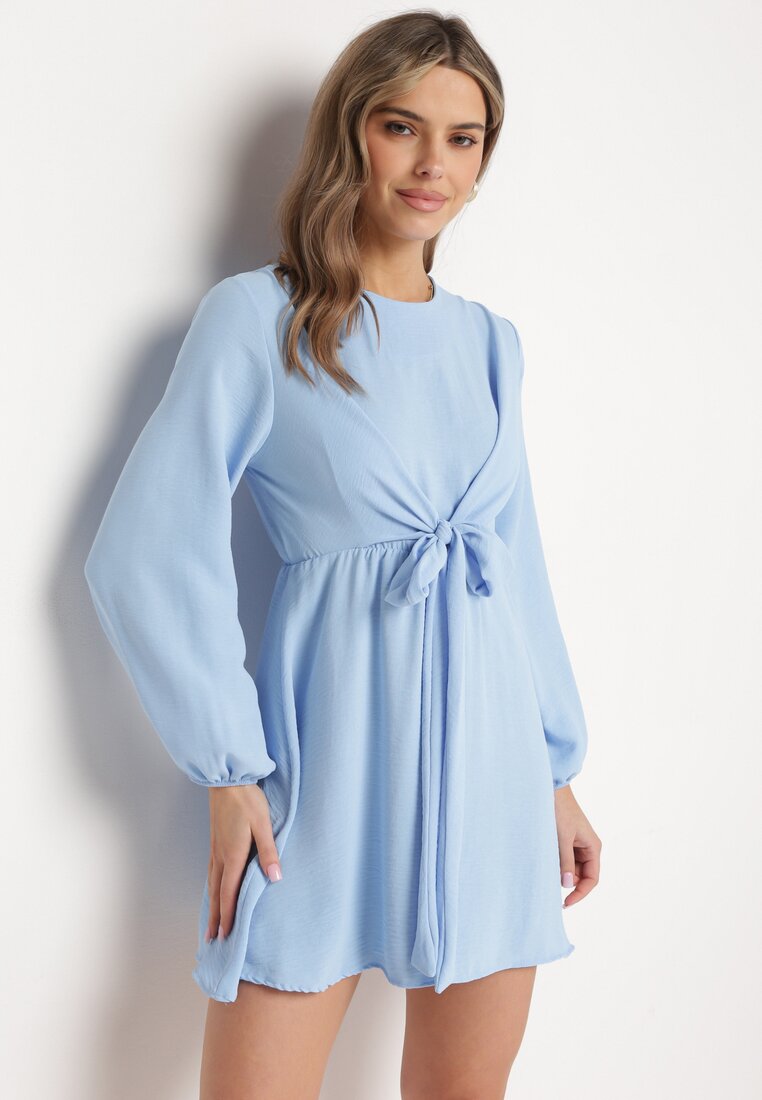 Niebieska Sukienka Rozkloszowana z Gumką w Pasie Selnaedo
