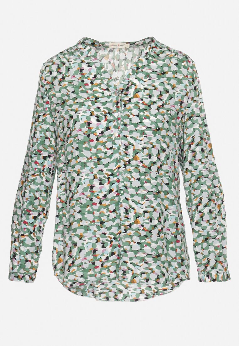 Zielona Wiskoza Bluzka o Koszulowym Fasonie w Abstrakcyjny Print Foltestia