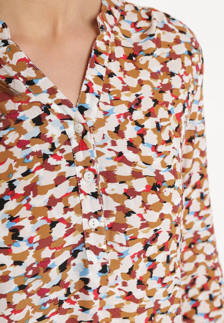Brązowo-Beżowa Wiskoza Bluzka o Koszulowym Fasonie w Abstrakcyjny Print Foltestia