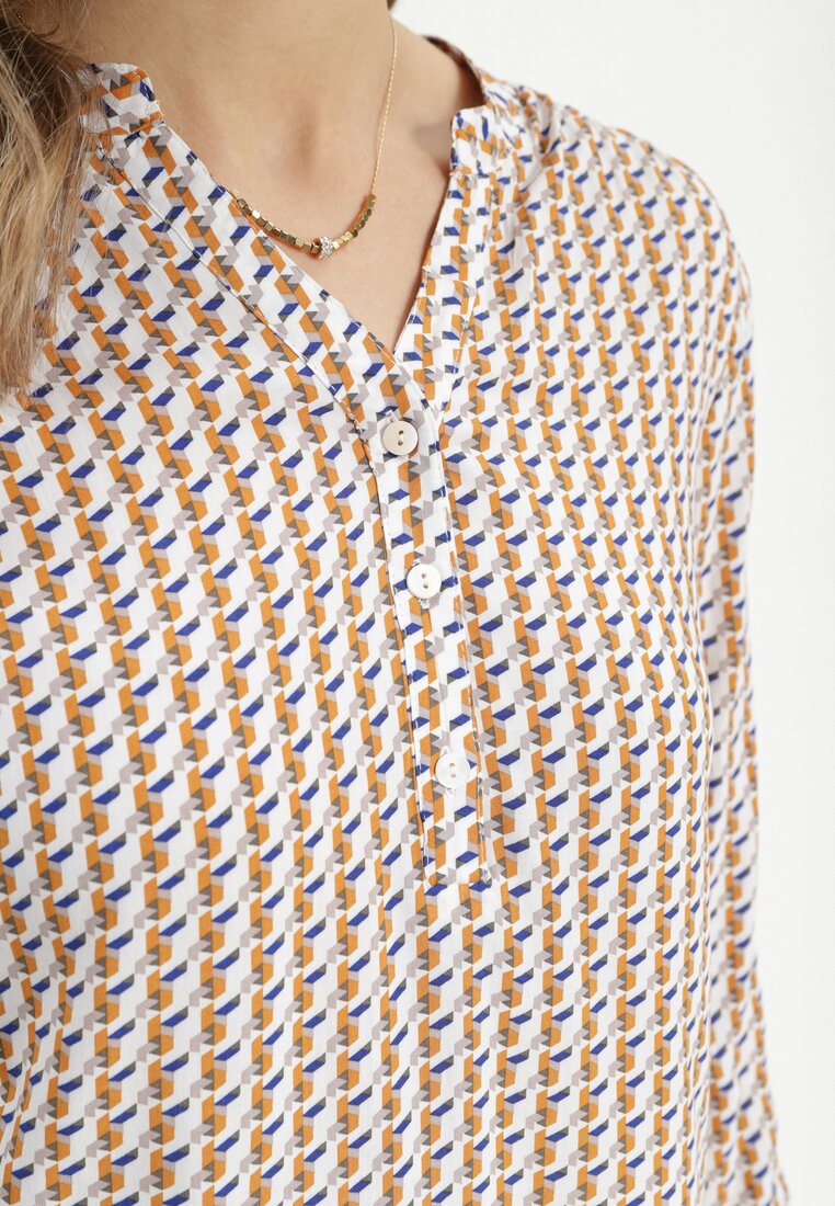 Biało-Brązowa Wiskozowa Bluzka Koszula w Geometryczny Wzór z Guzikami przy Dekolcie Birdia