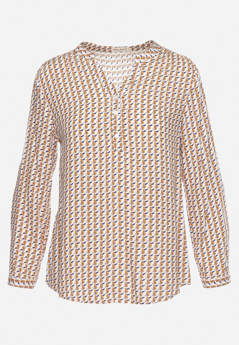 Biało-Brązowa Wiskozowa Bluzka Koszula w Geometryczny Wzór z Guzikami przy Dekolcie Birdia