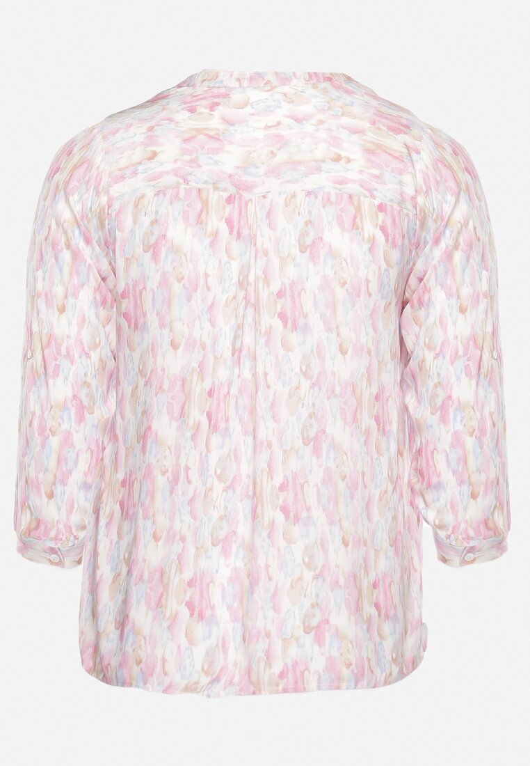 Różowo-Beżowa Wiskozowa Bluzka z Długim Rękawem i Dekoltem Zapinanym na Guziki Aeddiana