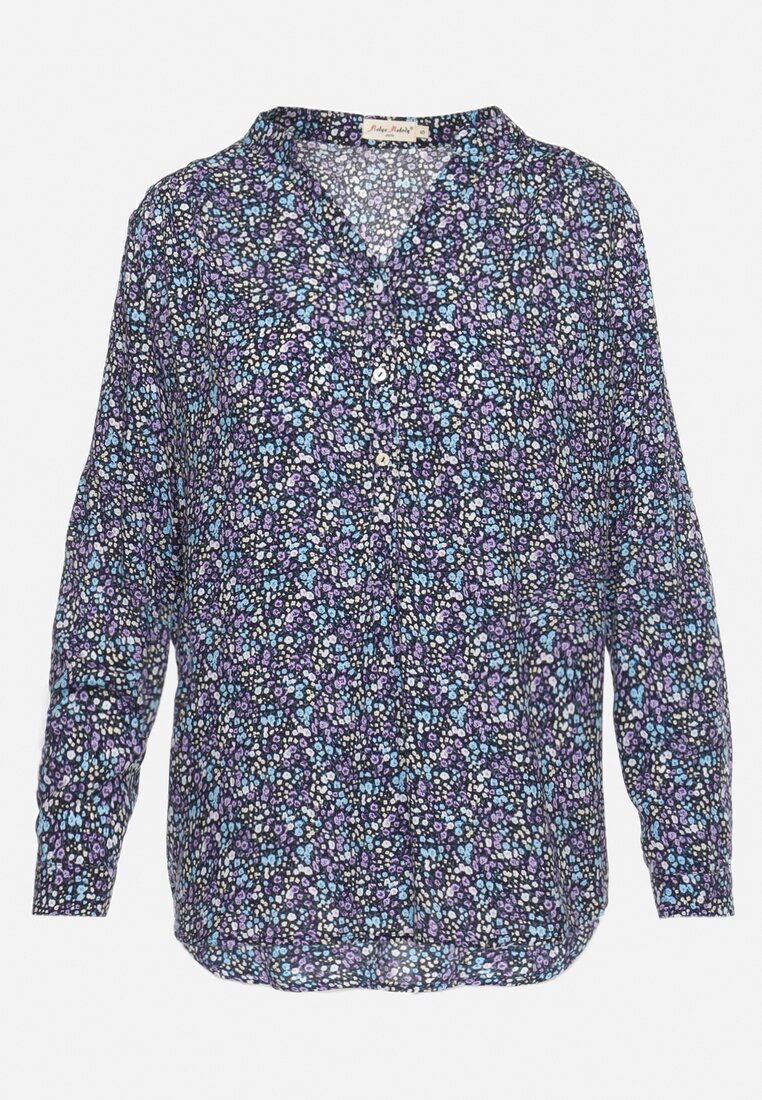 Granatowa Bluzka Koszula z Wiskozy w Drobny Wzór Zapinana przy Dekolcie na Guziki z Regulowanym Rękawem Duruflia