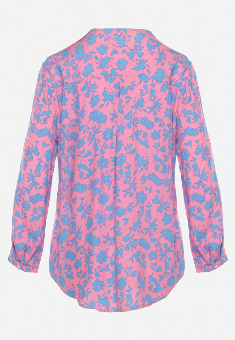 Różowo-Niebieska Bluzka w Kwiatowy Wzór o Koszulowym Fasonie z Podpinanymi Rękawami Ortolana
