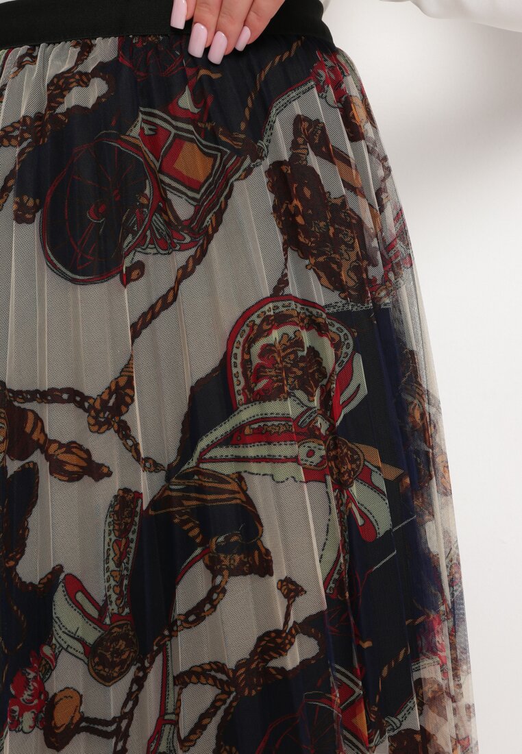 Brązowo-Czarna Spódnica Plisowana o Rozkloszowanym Fasonie w Abstrakcyjny Print Xrosa