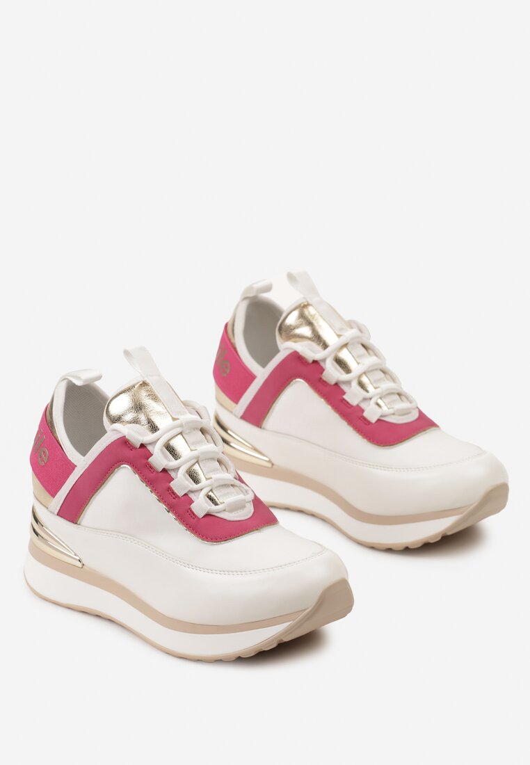 Biało-Różowe Sneakersy na Ukrytym Koturnie z Metaliczną Blaszką i Napisem Yenavra