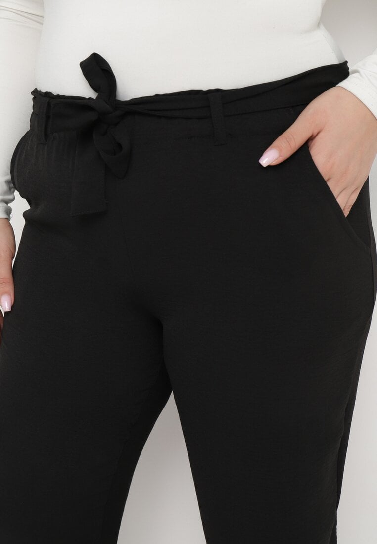 Czarne Spodnie Regular Wiązane w Pasie w stylu Paperbag Tamburia