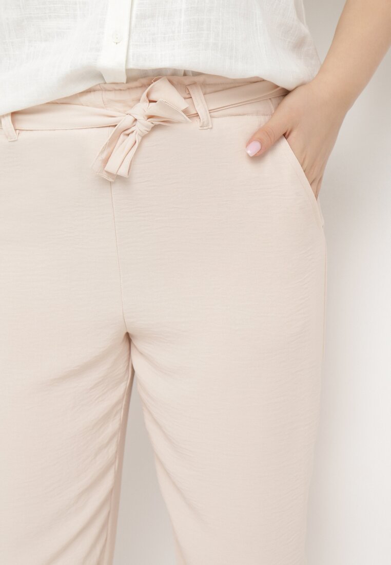Jasnobeżowe Spodnie Regular Wiązane w Pasie w stylu Paperbag Tamburia