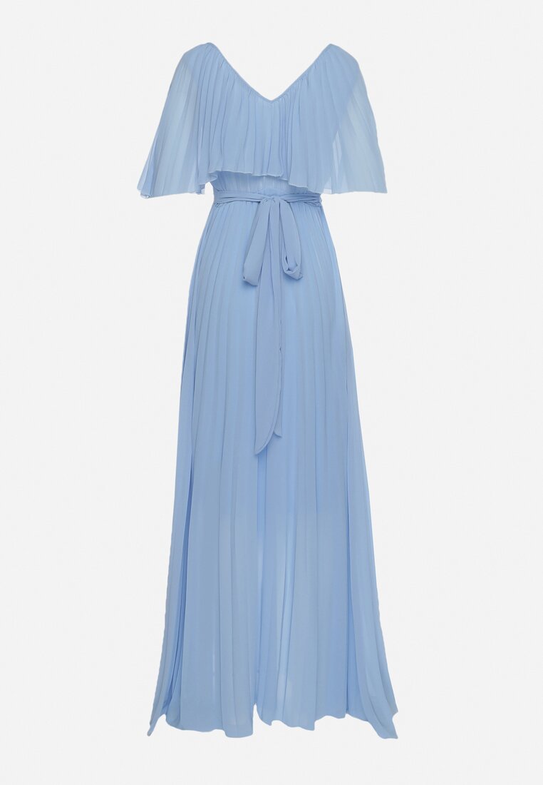 Niebieska Sukienka Plisowana z Szeroką Falbaną Przy Dekolcie Dinara