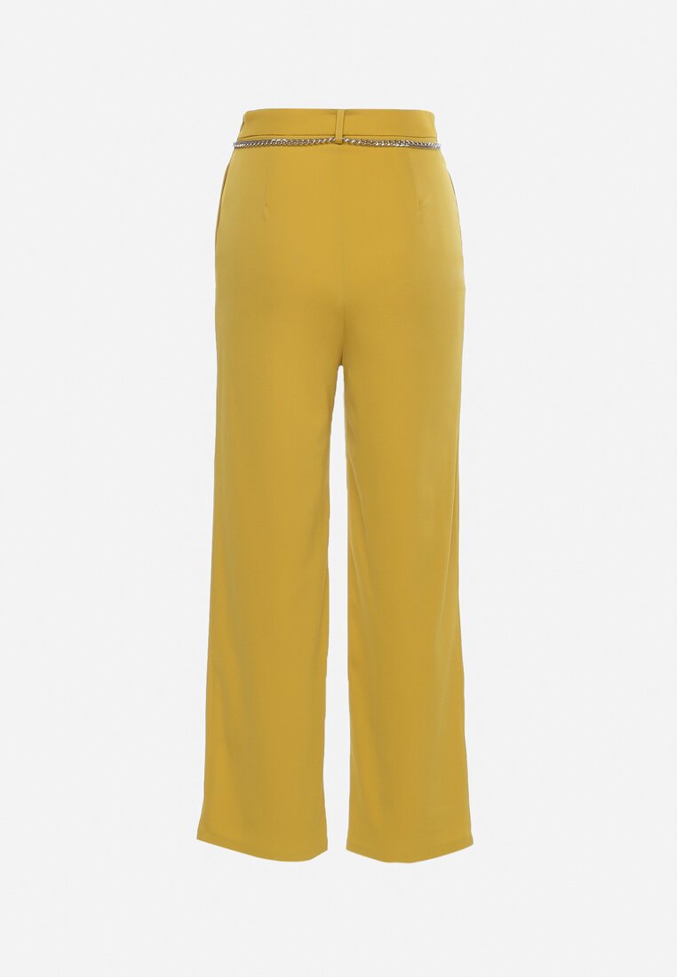 Żółte Szerokie Spodnie Zapinane z boku na Suwak z Ozdobnym Łańcuchem Grazioso