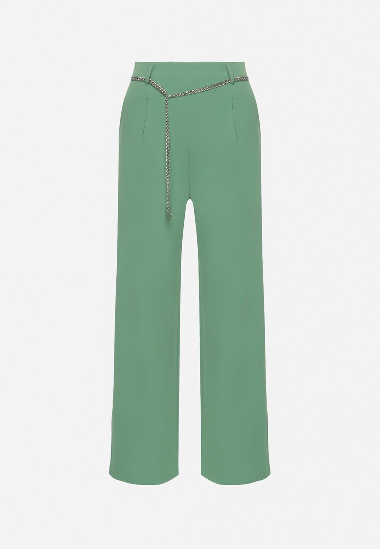 Zielone Szerokie Spodnie Zapinane z boku na Suwak z Ozdobnym Łańcuchem Grazioso