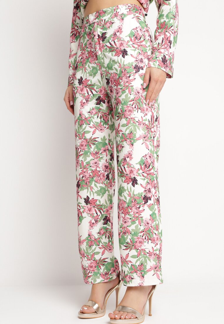 Różowo-Białe Spodnie z Szerokimi Nogawkami z Wysokim Stanem w Kwiecisty Wzór Kastaria
