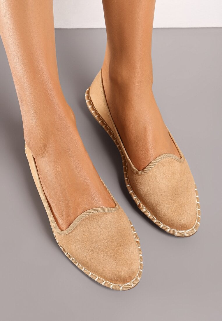 Brązowe Balerinki z Imitacji Zamszu z Przeszyciem Wokół Podeszwy Ailemura
