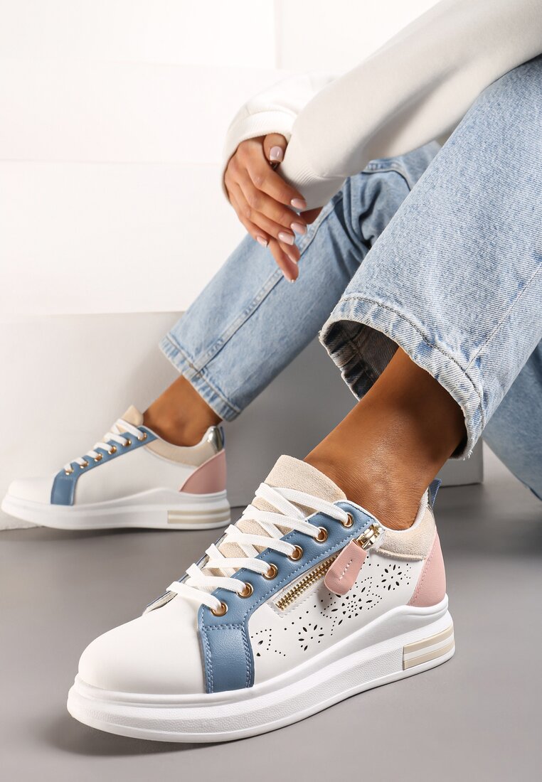 Biało-Niebieskie Sneakersy z Ozdobnym Suwakiem Rosadella