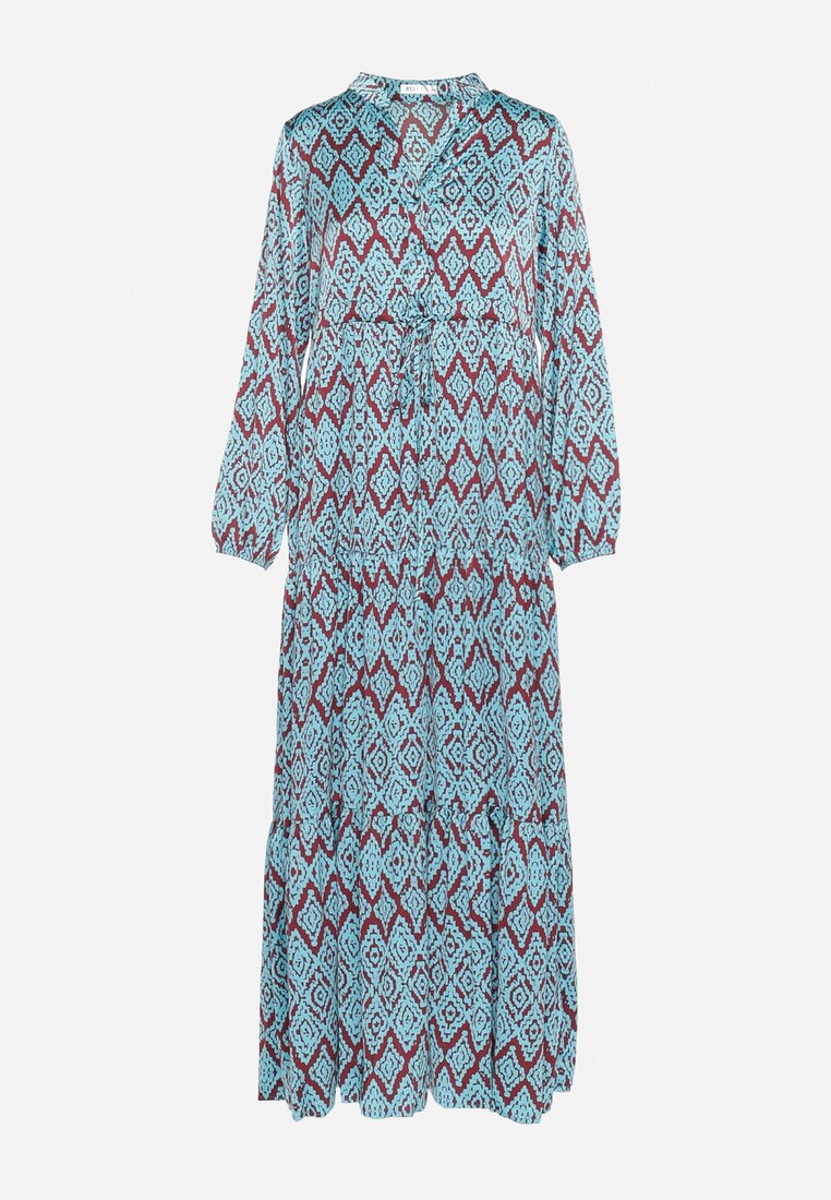 Niebiesko-Bordowa Rozkloszowana Sukienka Ściągana w Pasie Sznurkiem, Zapinana na Guziki Biemarie