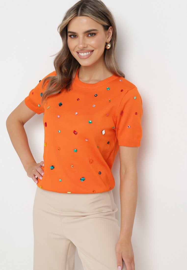 Pomarańczowy Wiskozowy T-shirt Ozdobiony Cyrkoniami Nililena