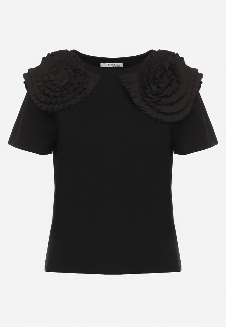 Czarny Bawełniany T-shirt z Materiałową Aplikacją 3D Jolilena