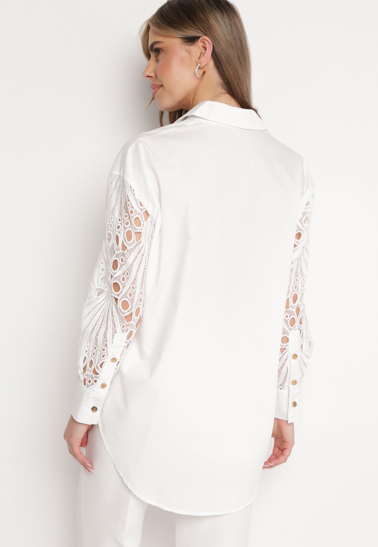 Biała Koszula Oversize z Ażurowym Wzorem na Rękawach Vadena