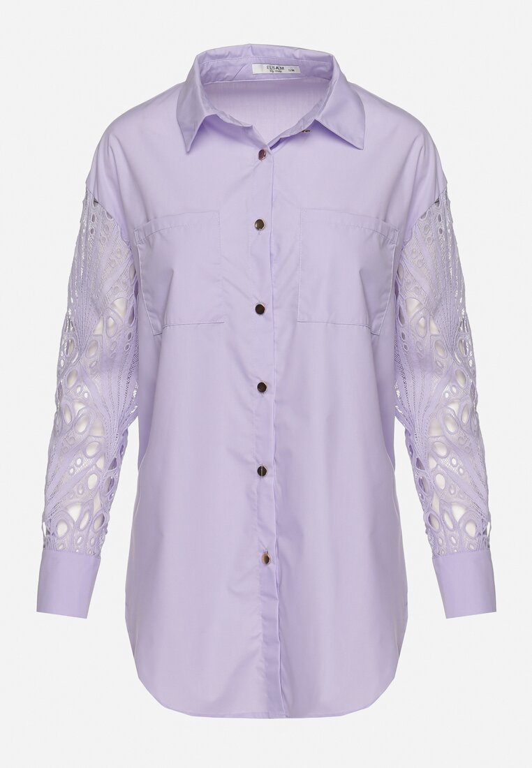 Fioletowa Koszula Oversize z Ażurowym Wzorem na Rękawach Vadena