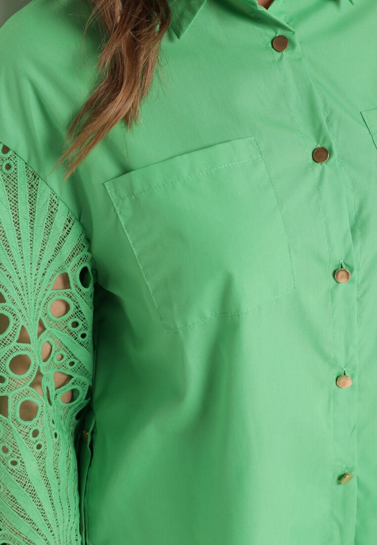 Zielona Koszula Oversize z Ażurowym Wzorem na Rękawach Vadena