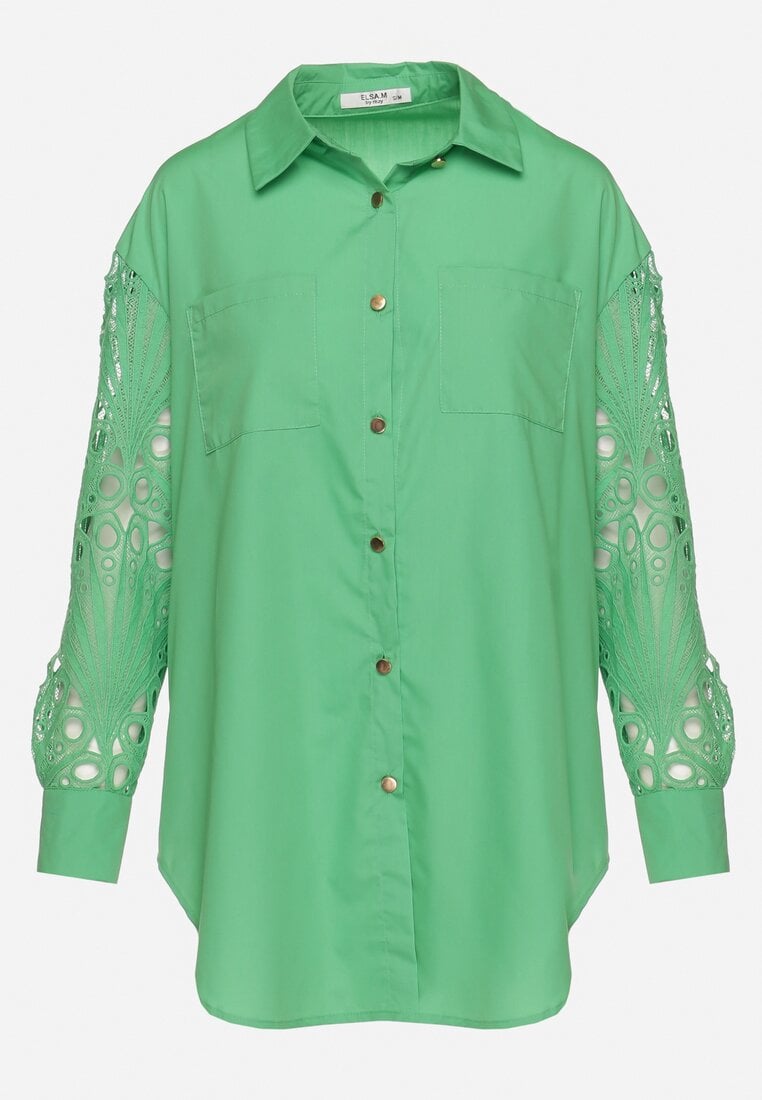 Zielona Koszula Oversize z Ażurowym Wzorem na Rękawach Vadena