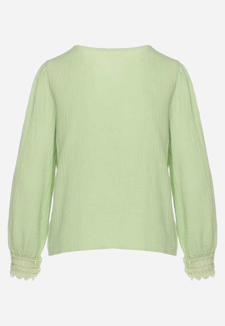 Zielona Bawełniana Koszula Zapinana na Guziki z Ozdobną Koronkową Tasiemką Raniatte