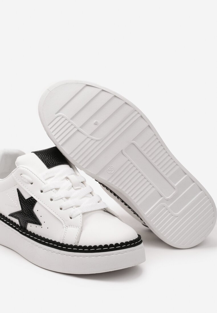 Biało-Czarne Sznurowane Sneakersy na Płaskiej Podeszwie z Aplikacją Cenulla