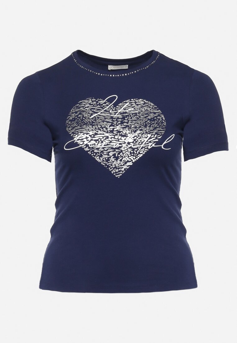 Granatowy Bawełniany T-shirt Koszulka z Krótkim Rękawem i Ozdobnym Nadrukiem Liafara