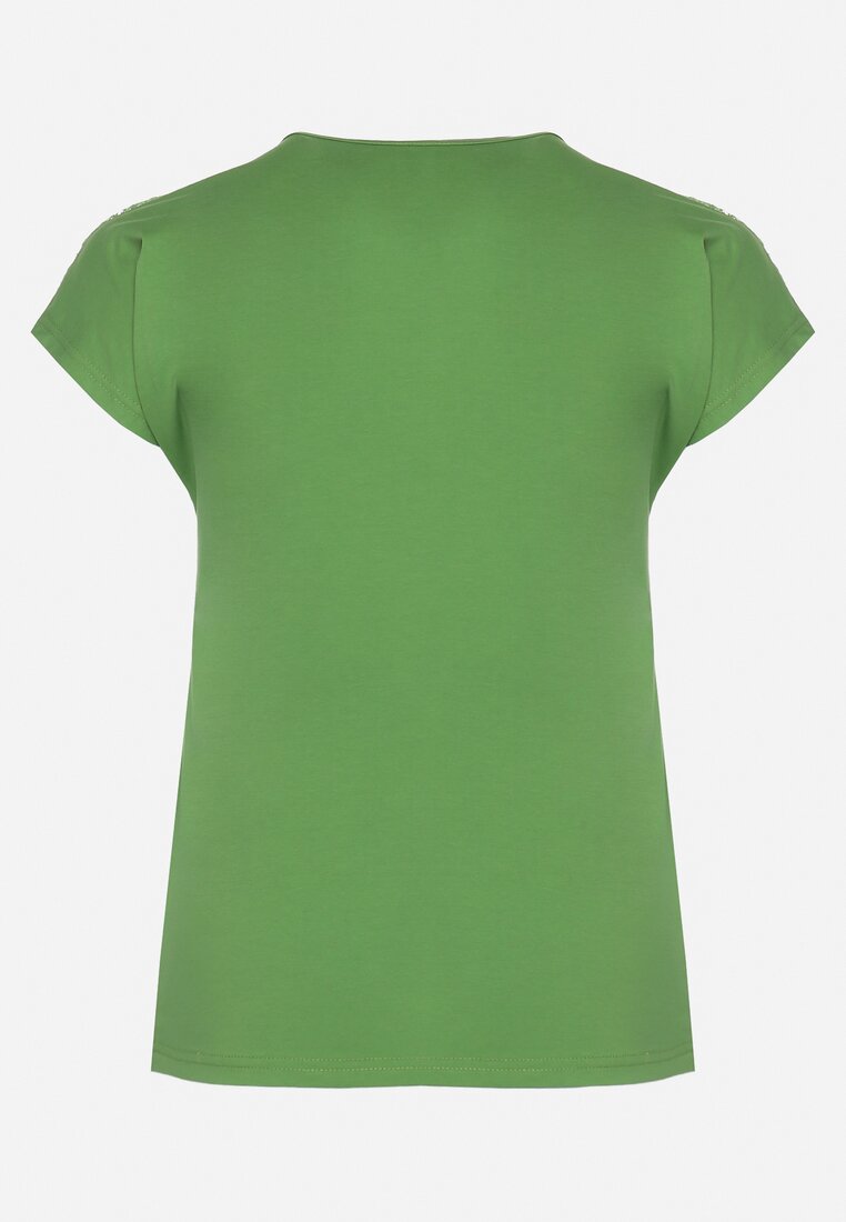 Zielony T-shirt z Krótkim Rękawem i Ozdobną Koronką Winneli