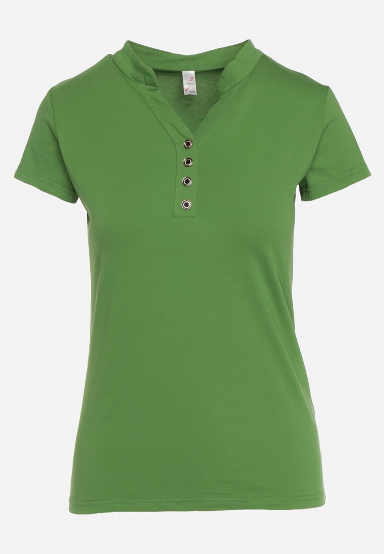 Zielony T-shirt Koszulka z Bawełny z Metalicznymi Guzikami Cariena