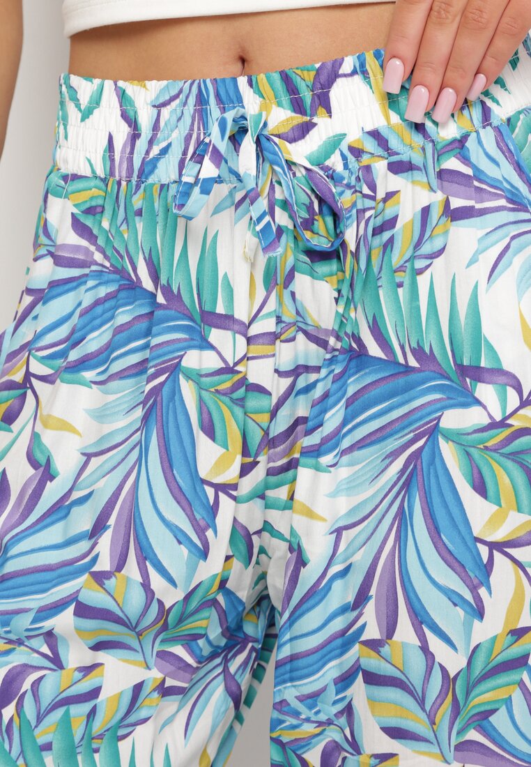 Biało-Niebieskie Spodnie z Wiskozy we Florystyczny Print z Gumką w Talii Btella