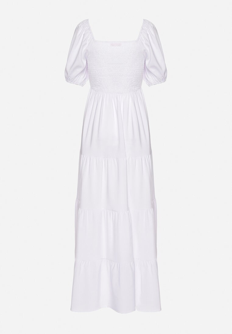 Biała  Rozkloszowana Sukienka z Gumką w Talii i Bufiastymi Rękawami Evulla