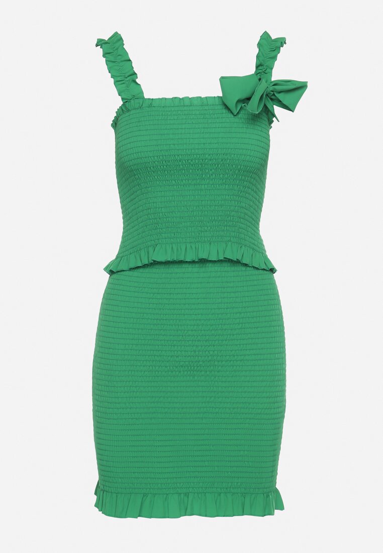 Zielony Dopasowany Komplet z Topem z Kokardką i Spódnicą Mini Tellialina