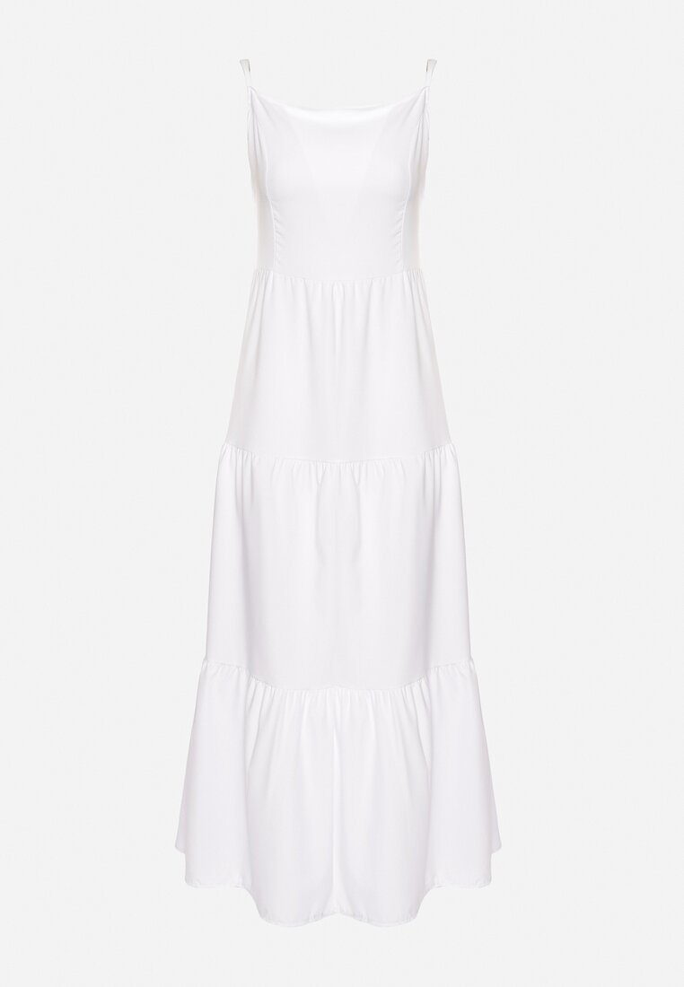 Biała Rozkloszowana Sukienka na Ramiączkach Zawiązywana z Tyłu z Elastyczną Gumką w Talii Grililena