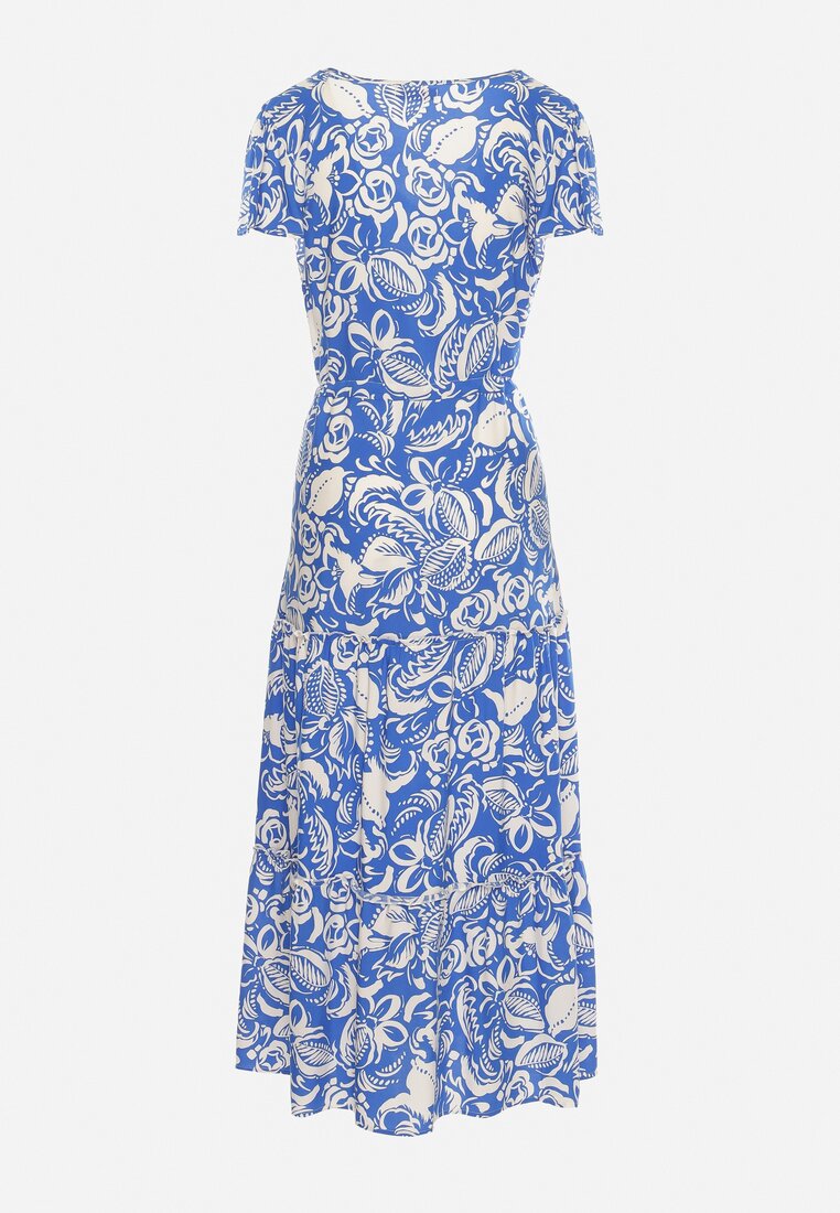 Niebiesko-Biała Sukienka z Wiskozy z Krótkim Rękawem i Ściągaczami w Talii Keneli