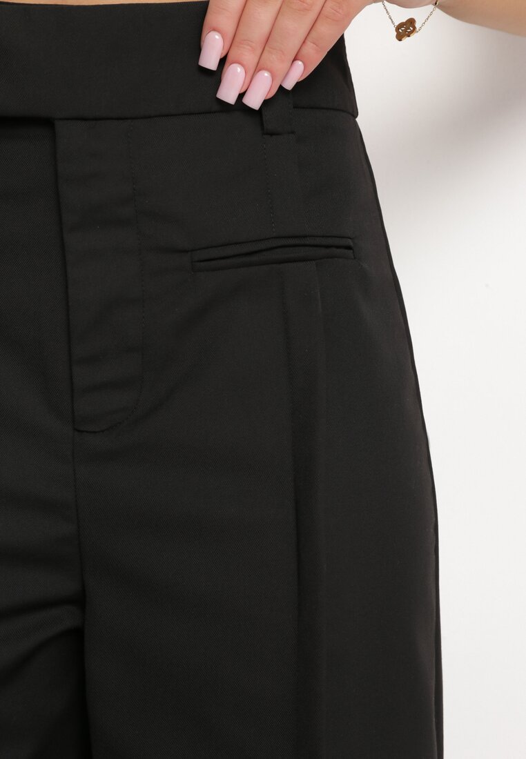 Czarne Szerokie Spodnie z Wysokim Stanem i Długimi Nogawkami Ozdobionymi Przeszyciami Zapinane na Suwak i Metalowe Zaczepy Tines