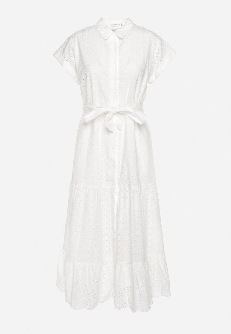 Biała Sukienka Bawełniana z Ażurowym Wzorem i Wiązanym Paskiem Kelilena