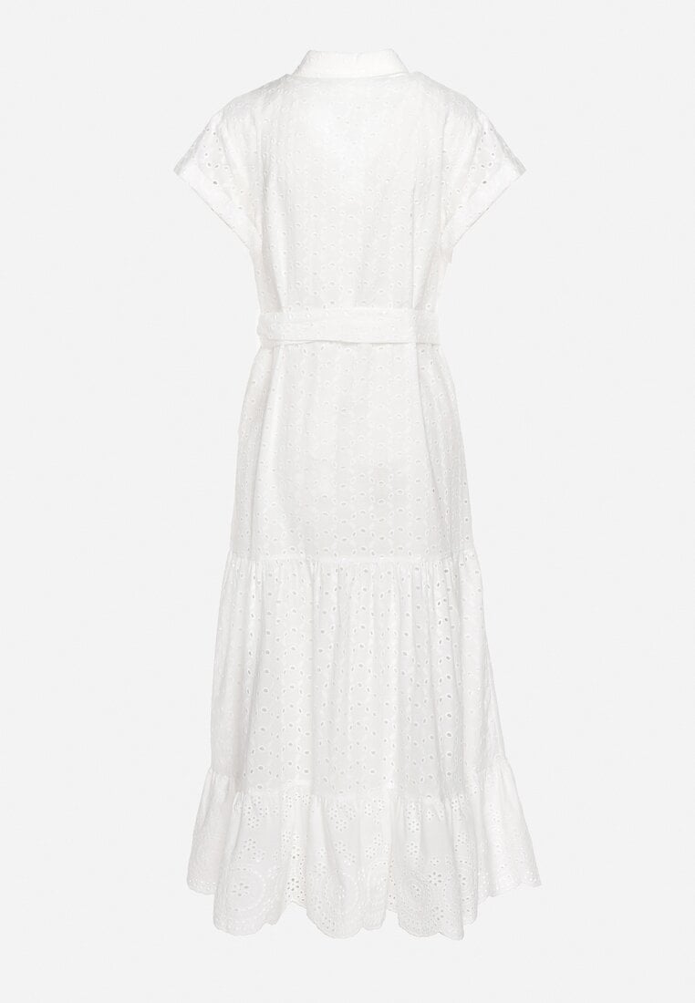 Biała Sukienka Bawełniana z Ażurowym Wzorem i Wiązanym Paskiem Kelilena
