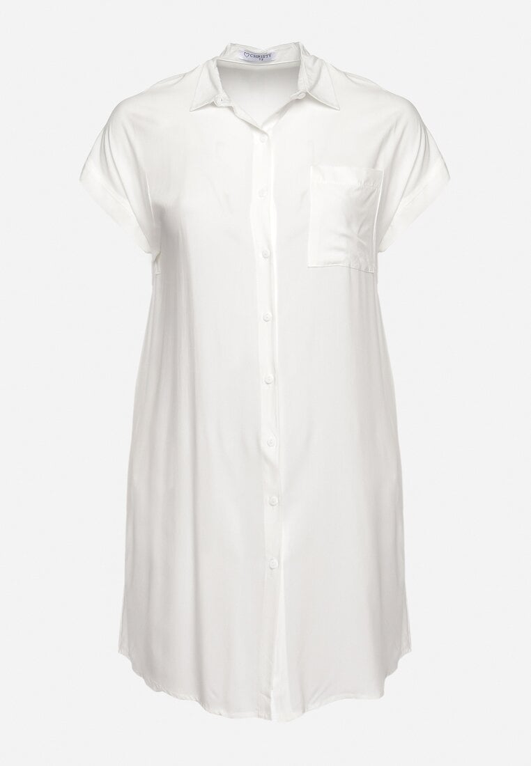 Biała Sukienka Koszulowa z Wiskozy z Kieszonką o Pudełkowym Fasonie Caviella