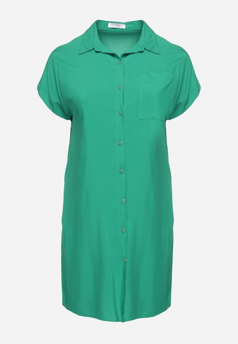 Zielona Sukienka Koszulowa z Wiskozy z Kieszonką o Pudełkowym Fasonie Caviella