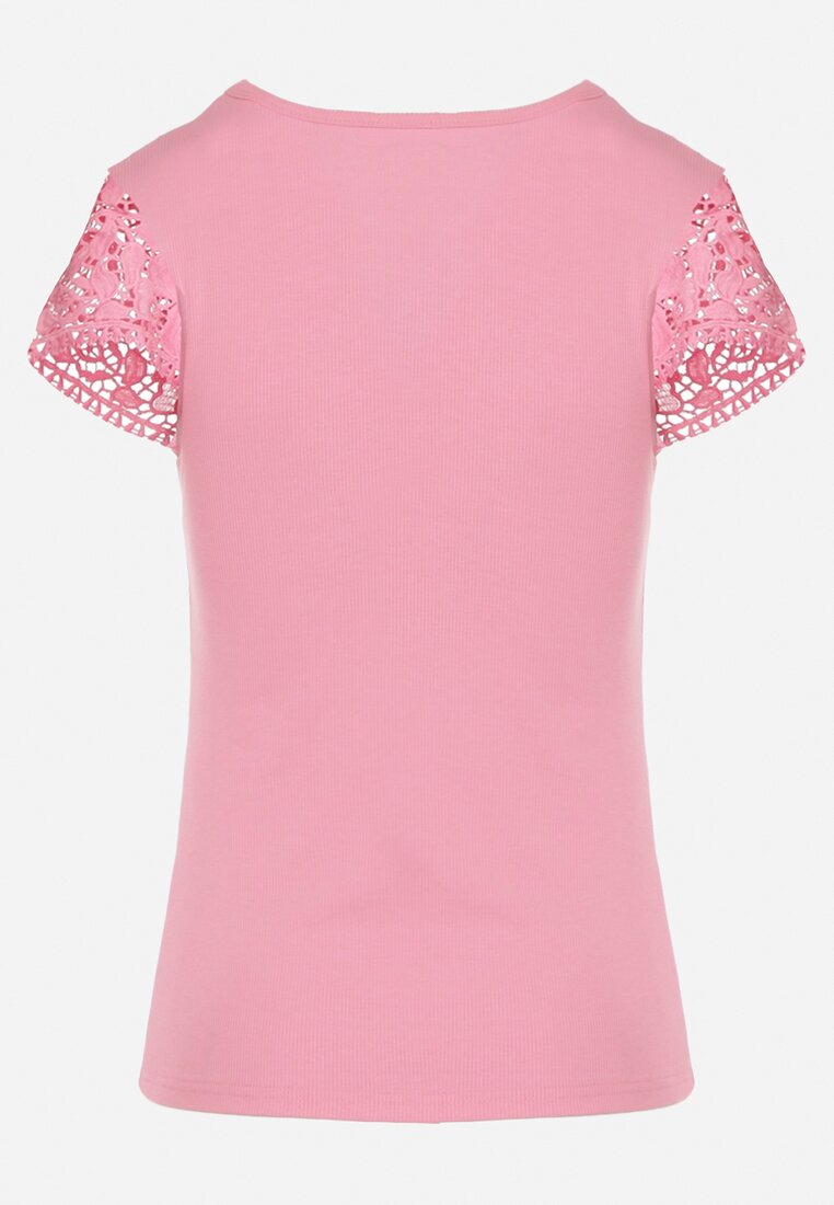 Różowy Prążkowany T-shirt z Krótkim Rękawem Ozdobiony Koronką Neliah