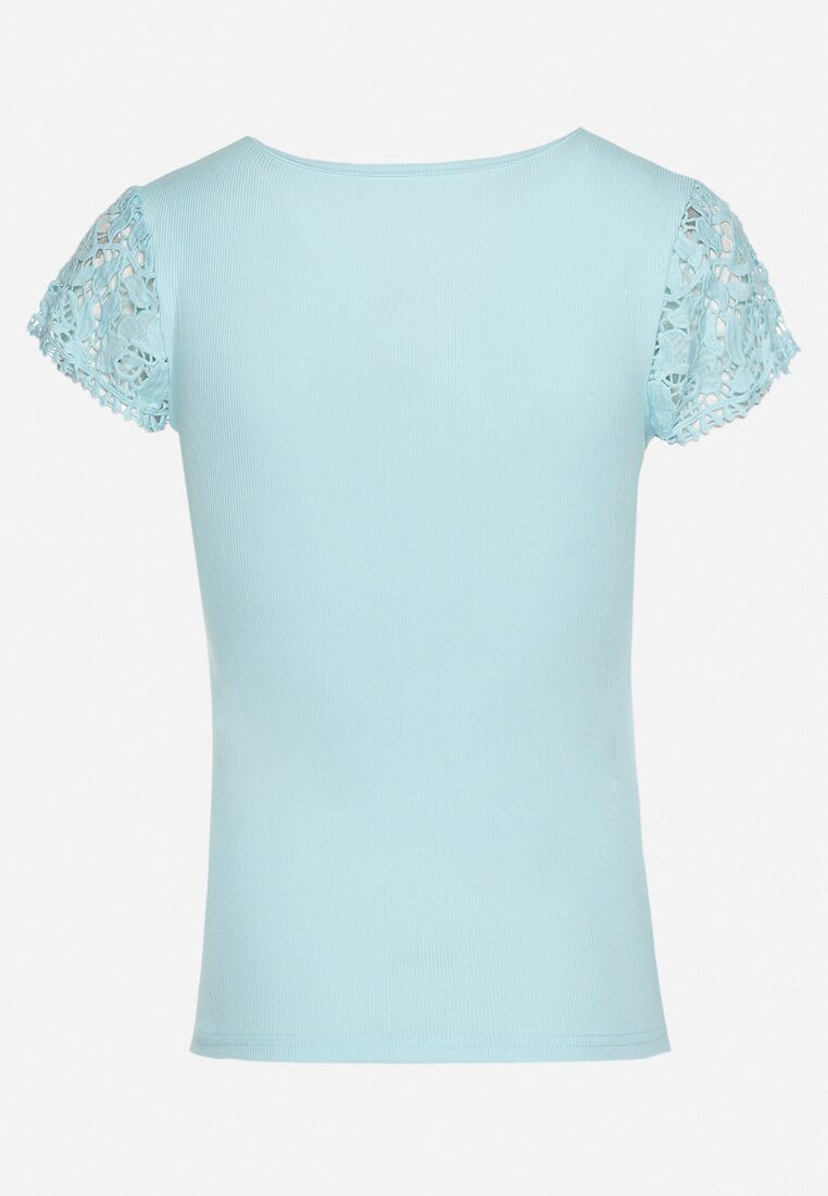 Jasnoniebieski Prążkowany T-shirt z Krótkim Rękawem Ozdobiony Koronką Neliah