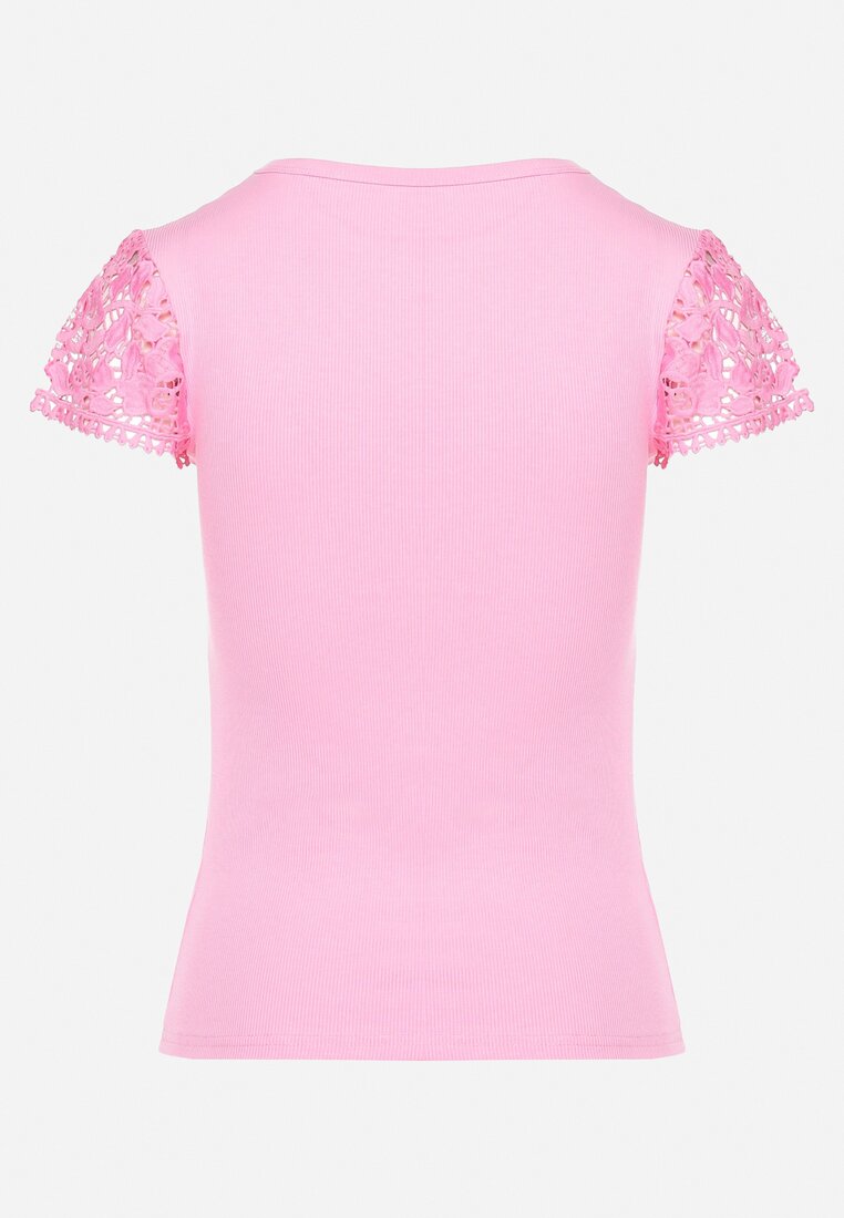 Różowa Koszulka T-shirt z Koronką na Rękawach i Dekolcie Aines