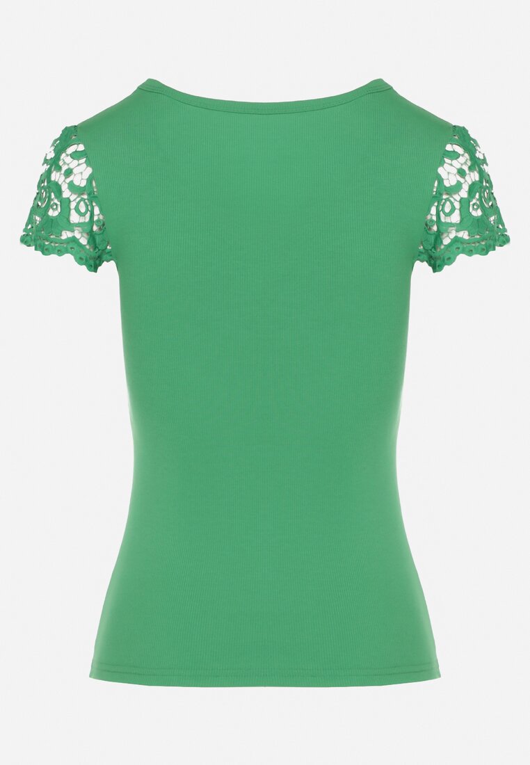 Zielony Prążkowany T-shirt z Koronkową Wstawką Glilama